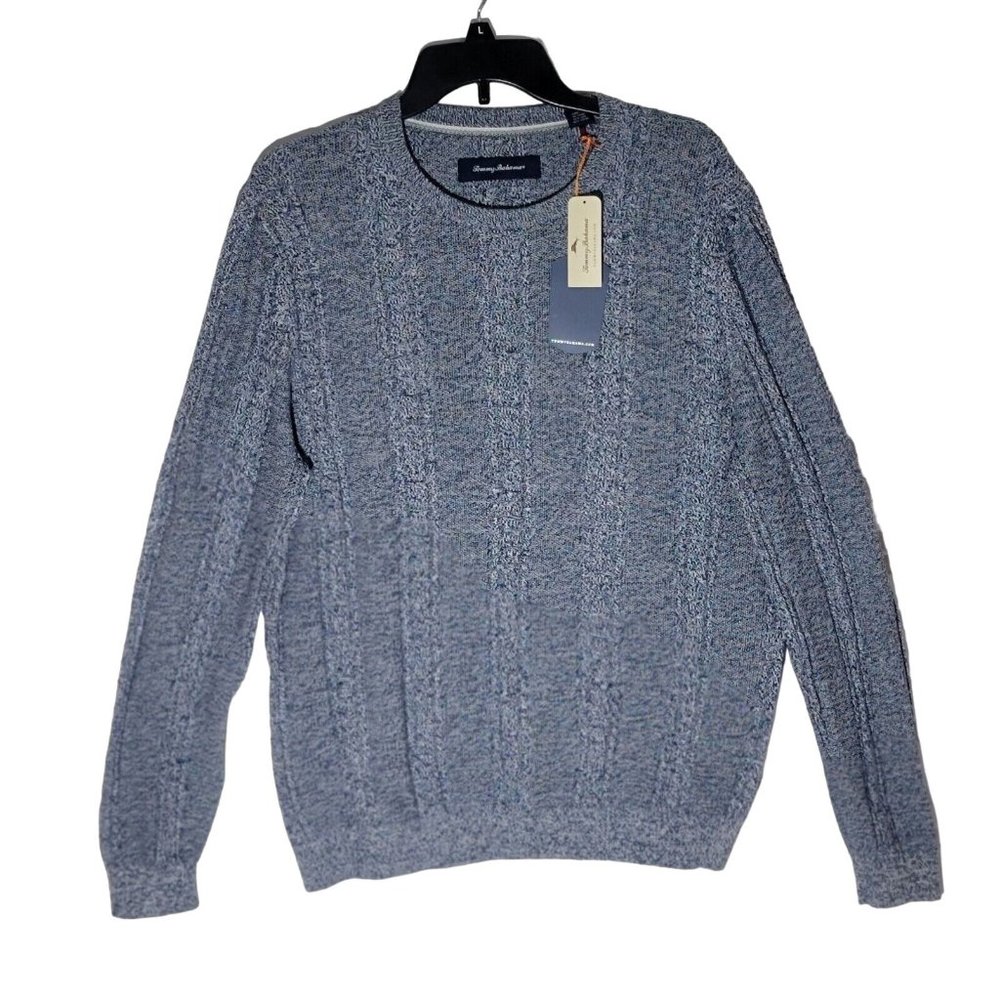 New Sz L Tommy Bahama Men's Blue Grid Knitting Long Sleeve Crew Neck